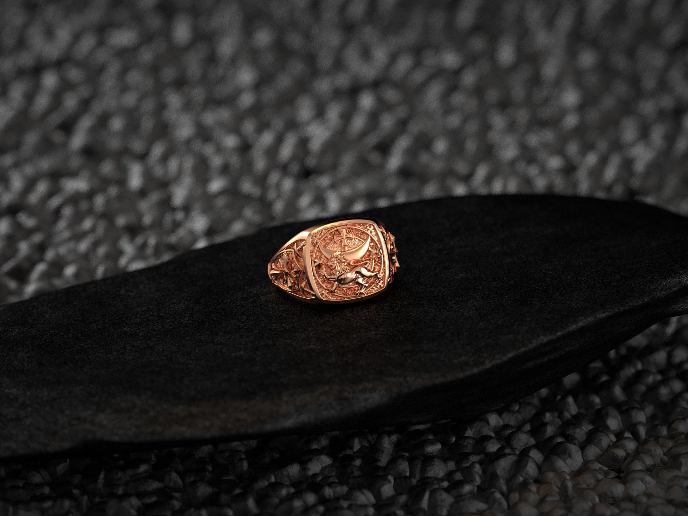 Rose gold plated Templar Lion Ring with knightly elements