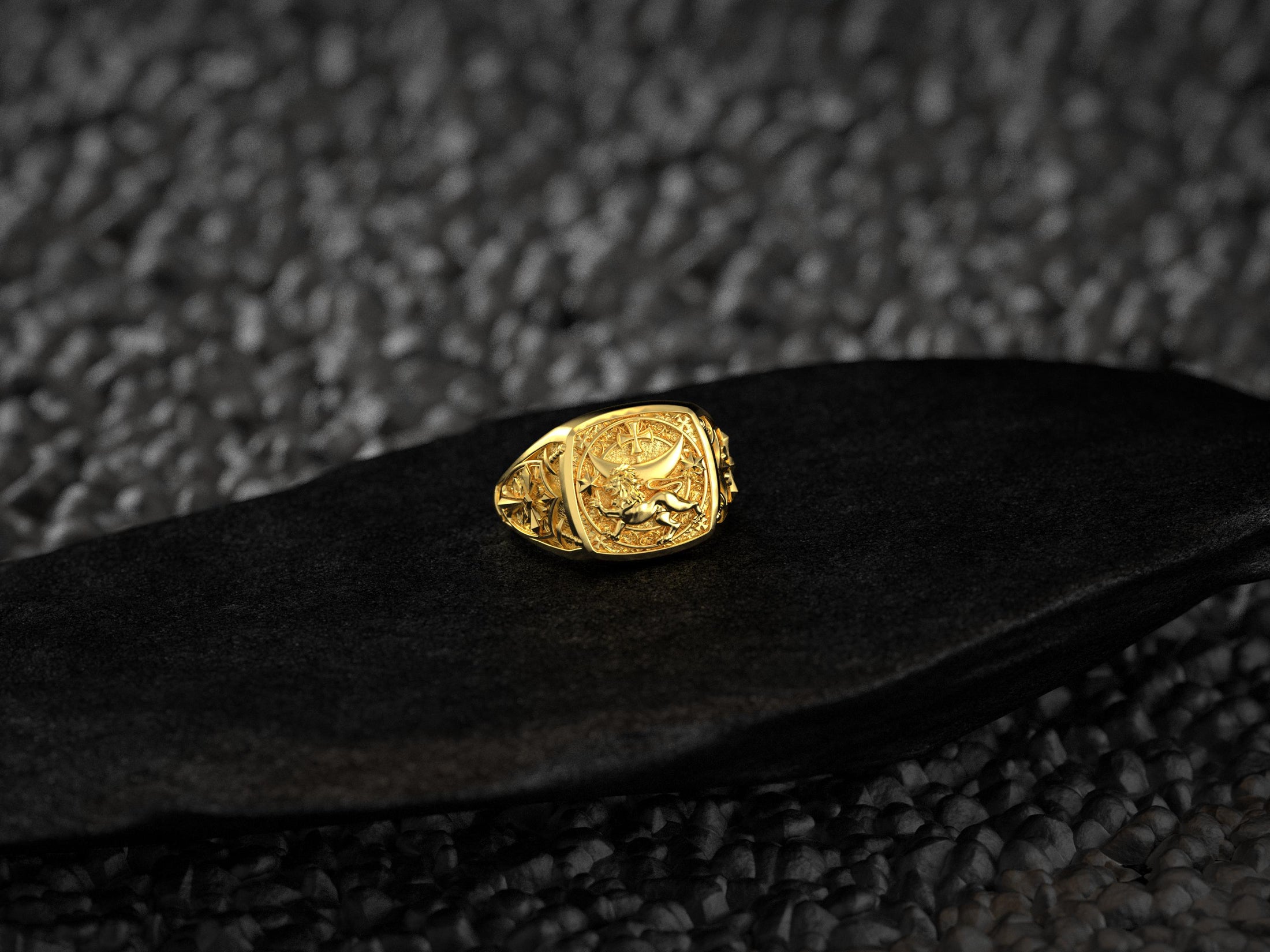 Gold plated Crusader Lion Ring with celestial gothic symbols