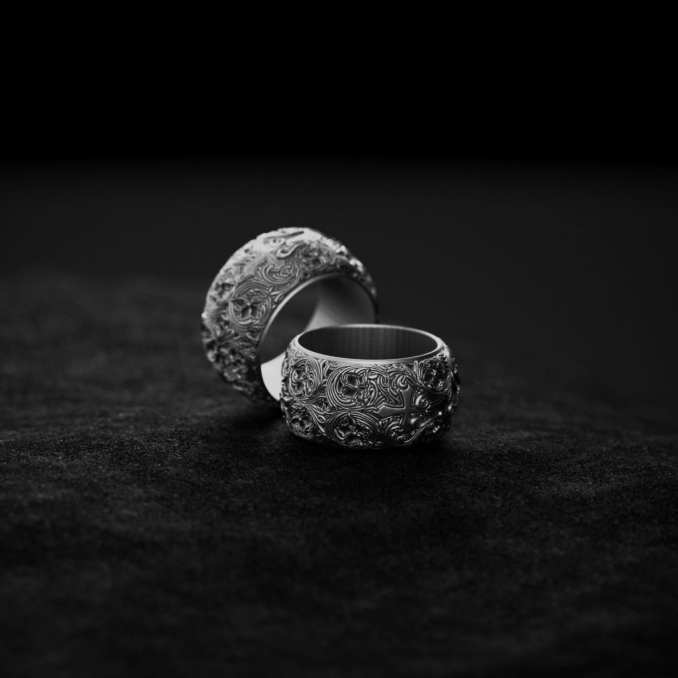 Gothic Cross Ring – Sterling Silver Medieval Christian Band, Ornate Religious Symbolic Jewelry for Men