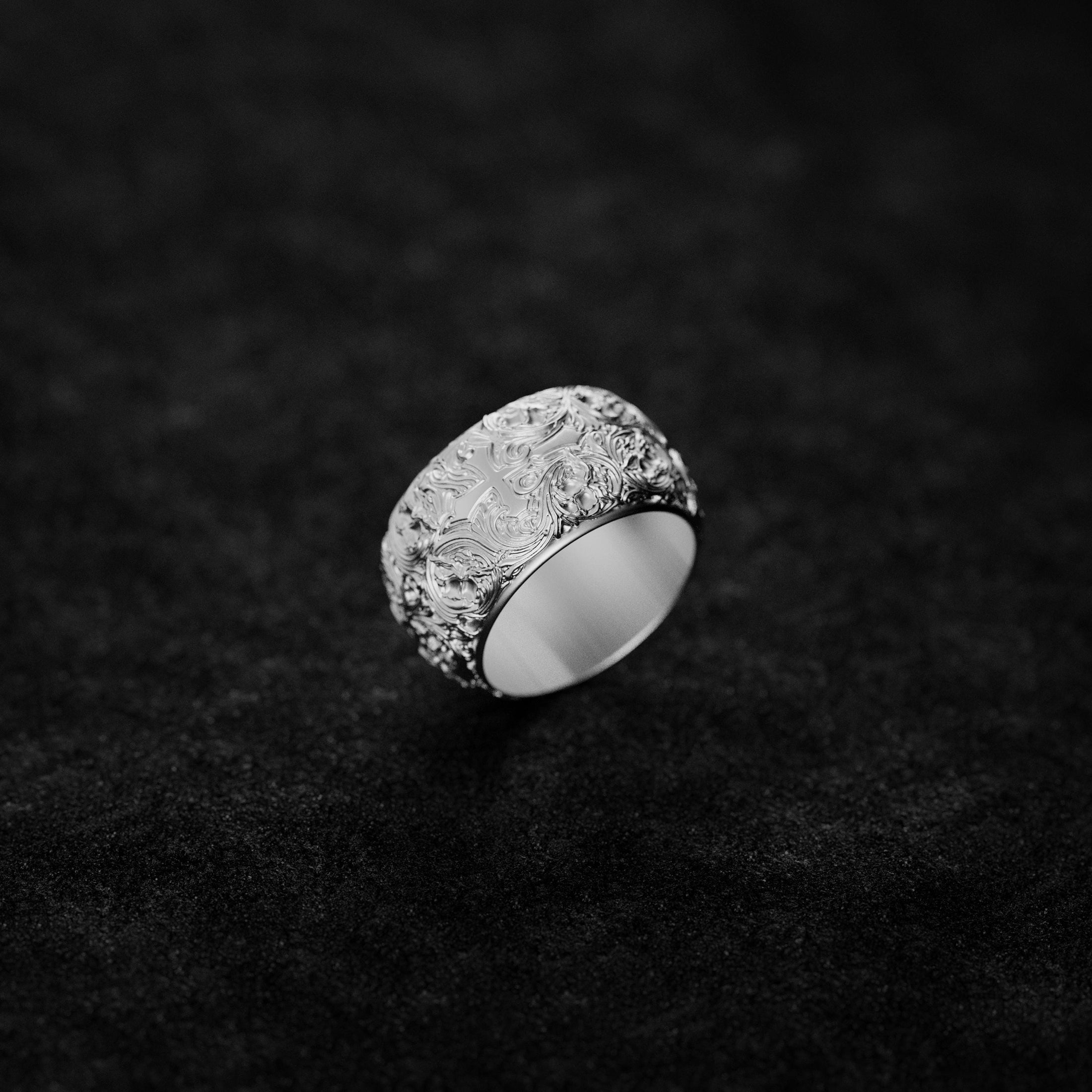 Gothic Cross Ring – Sterling Silver Medieval Christian Band, Ornate Religious Symbolic Jewelry for Men