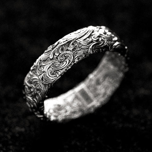 Engraved Sterling Silver Band Ring – Ornamental Scroll Pattern Statement Jewelry