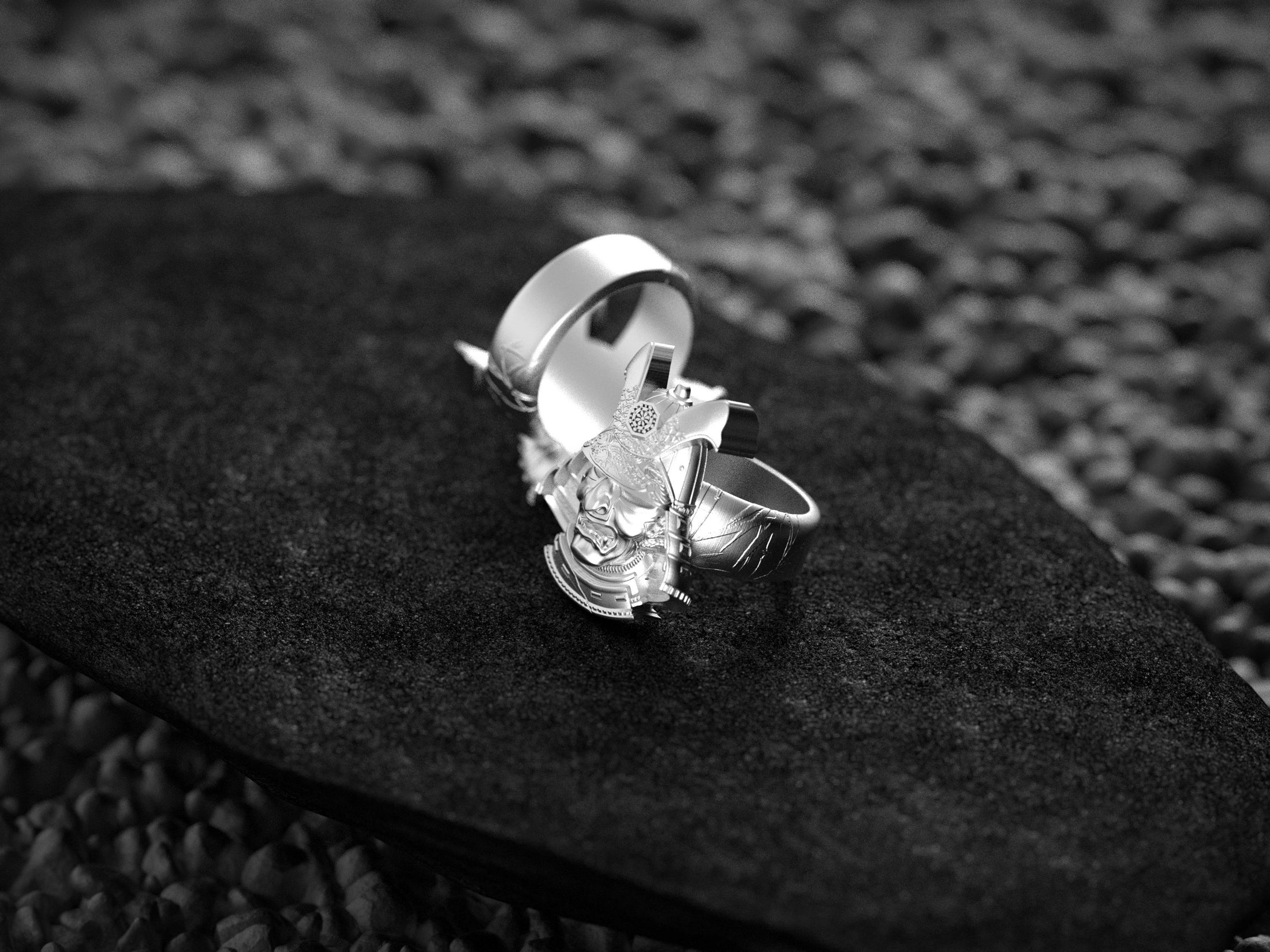 Handcrafted samurai kabuto ring in polished metal finish.