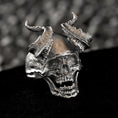 Load image into Gallery viewer, Demon Skull Ring with Horns – Gothic Devil Head Jewelry, Dark Fantasy Biker Ring, Occult Skull Band
