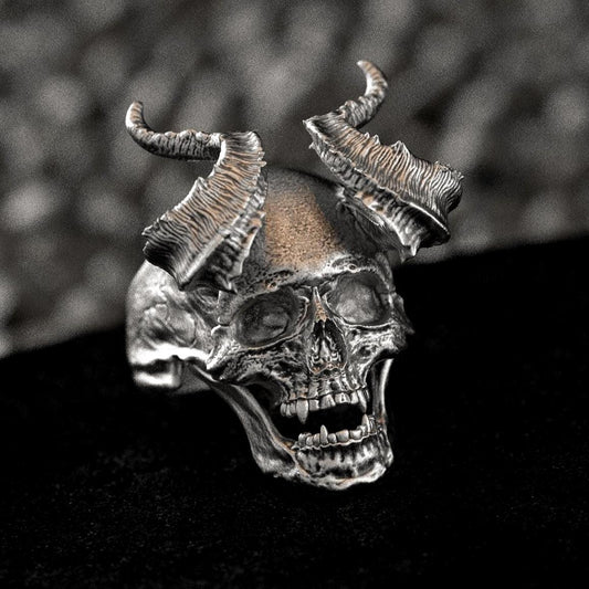 Demon Skull Ring with Horns – Gothic Devil Head Jewelry, Dark Fantasy Biker Ring, Occult Skull Band