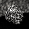 Load image into Gallery viewer, Smoke Skull Ring – Gothic Biker Jewelry, Sterling Silver Skull Band, Dark Smoke Flames Ring, Punk Rock Statement Ring