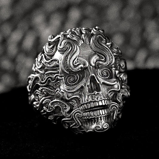 Smoke Skull Ring – Gothic Biker Jewelry, Sterling Silver Skull Band, Dark Smoke Flames Ring, Punk Rock Statement Ring