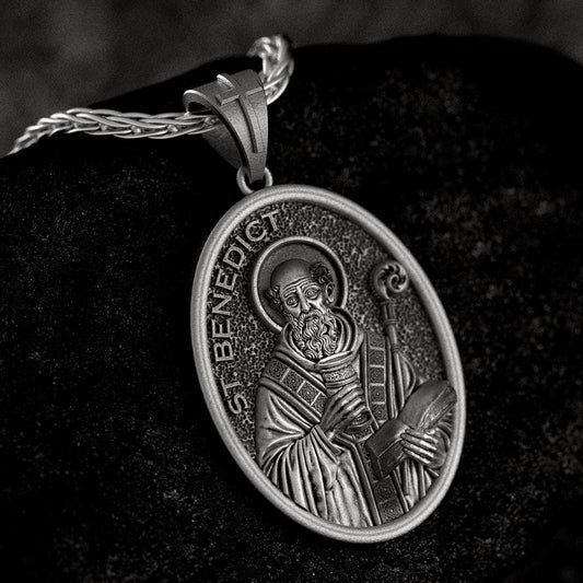 Saint Benedict Pendant – Sterling Silver Catholic Medal Necklace Patron Saint of Protection
