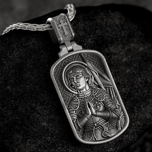 Saint Joan of Arc Dog Tag Pendant – Sterling Silver Catholic Medal Necklace Patron Saint of France