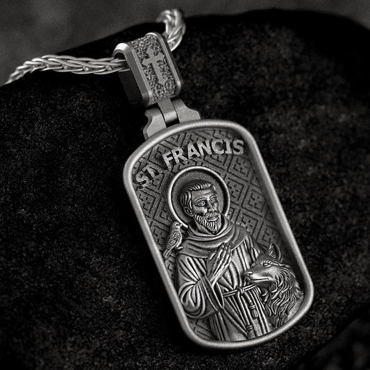 Saint Francis Dog Tag Pendant – Sterling Silver Catholic Medal Necklace Patron Saint of Animals