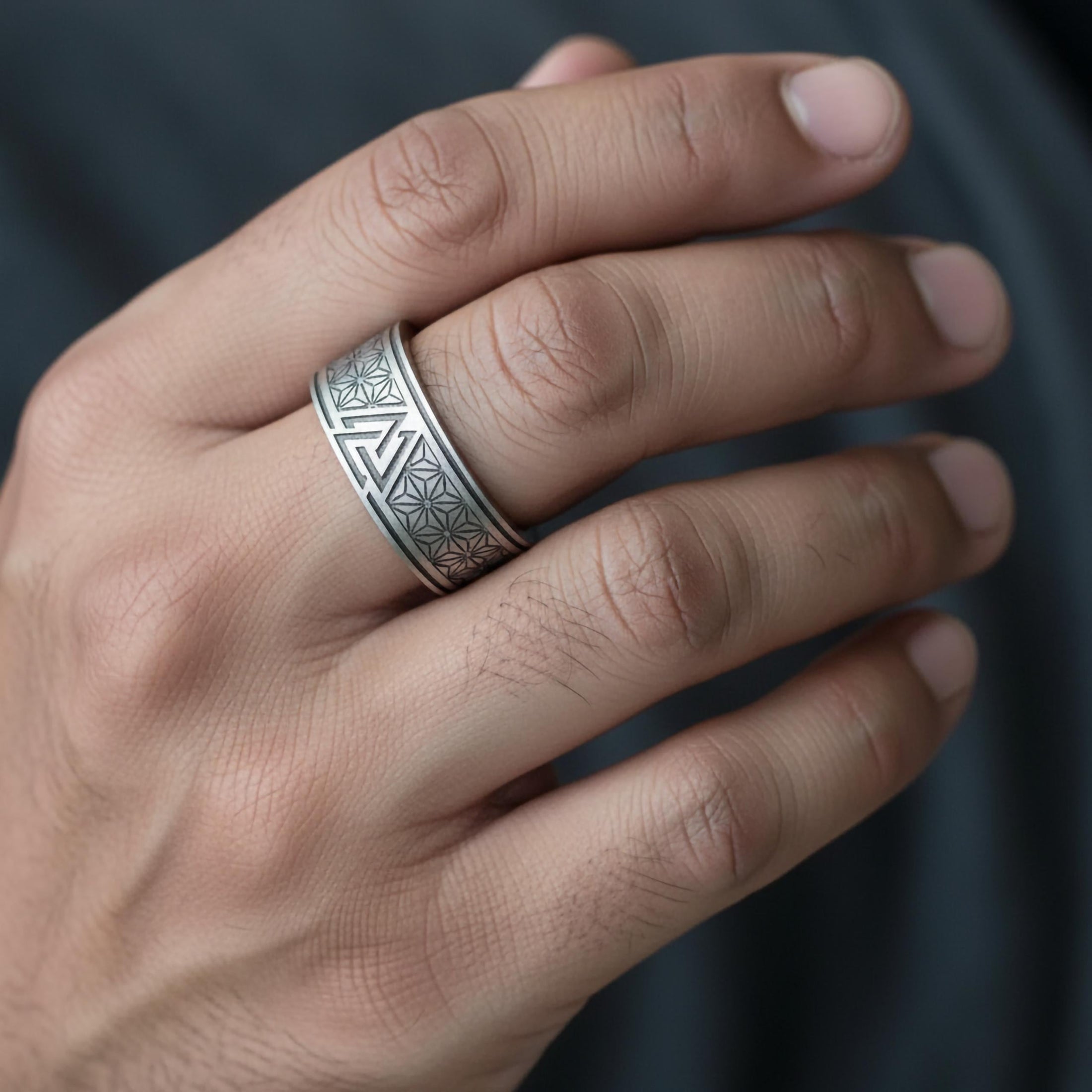 Valknut Ring with Flower of Life Pattern – Sterling Silver Viking Norse Mythology Band for Men