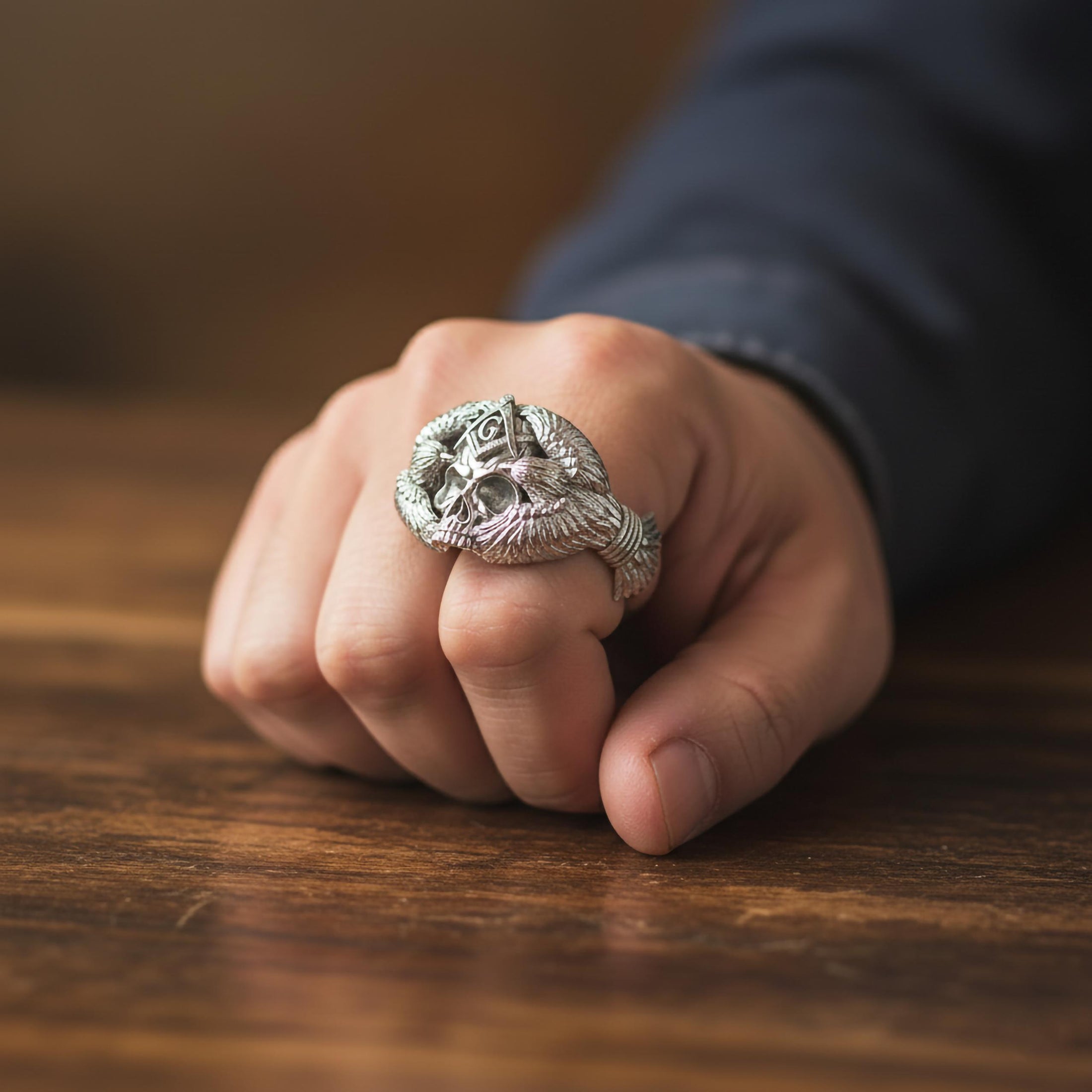 Silver Masonic Skull Ring with Eagles - Freemason Symbolic Jewelry, Bold Skull and Eagle Band, Unique Men's Ring