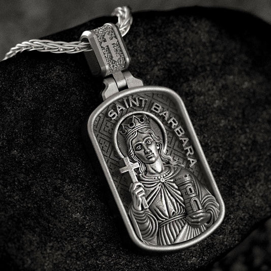 Saint Barbara Dog Tag Pendant – Sterling Silver Catholic Medal Necklace Patron Saint of Protection Personalized