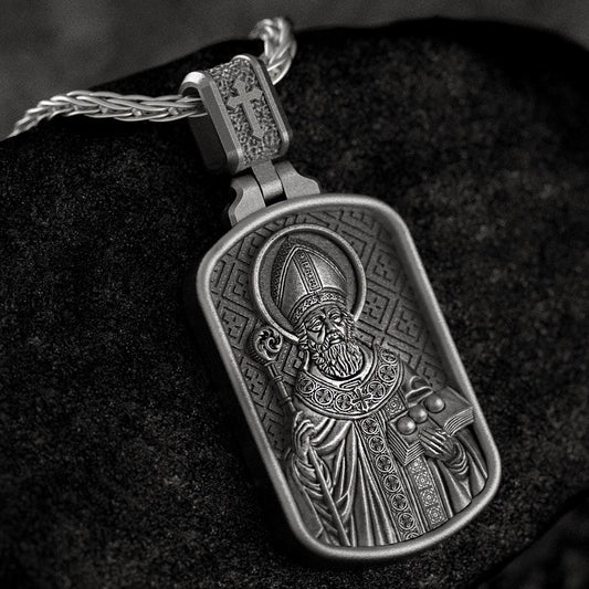 Saint Nicholas Dog Tag Pendant – Sterling Silver Catholic Medal Necklace Patron Saint of Children