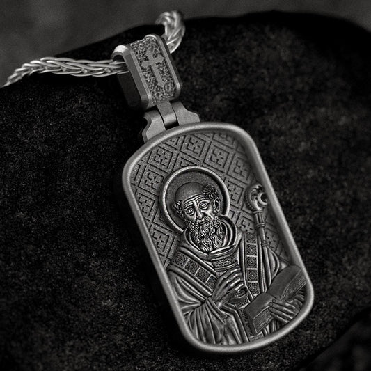 Saint Benedict Dog Tag Pendant – Sterling Silver Catholic Medal Necklace Patron Saint of Protection