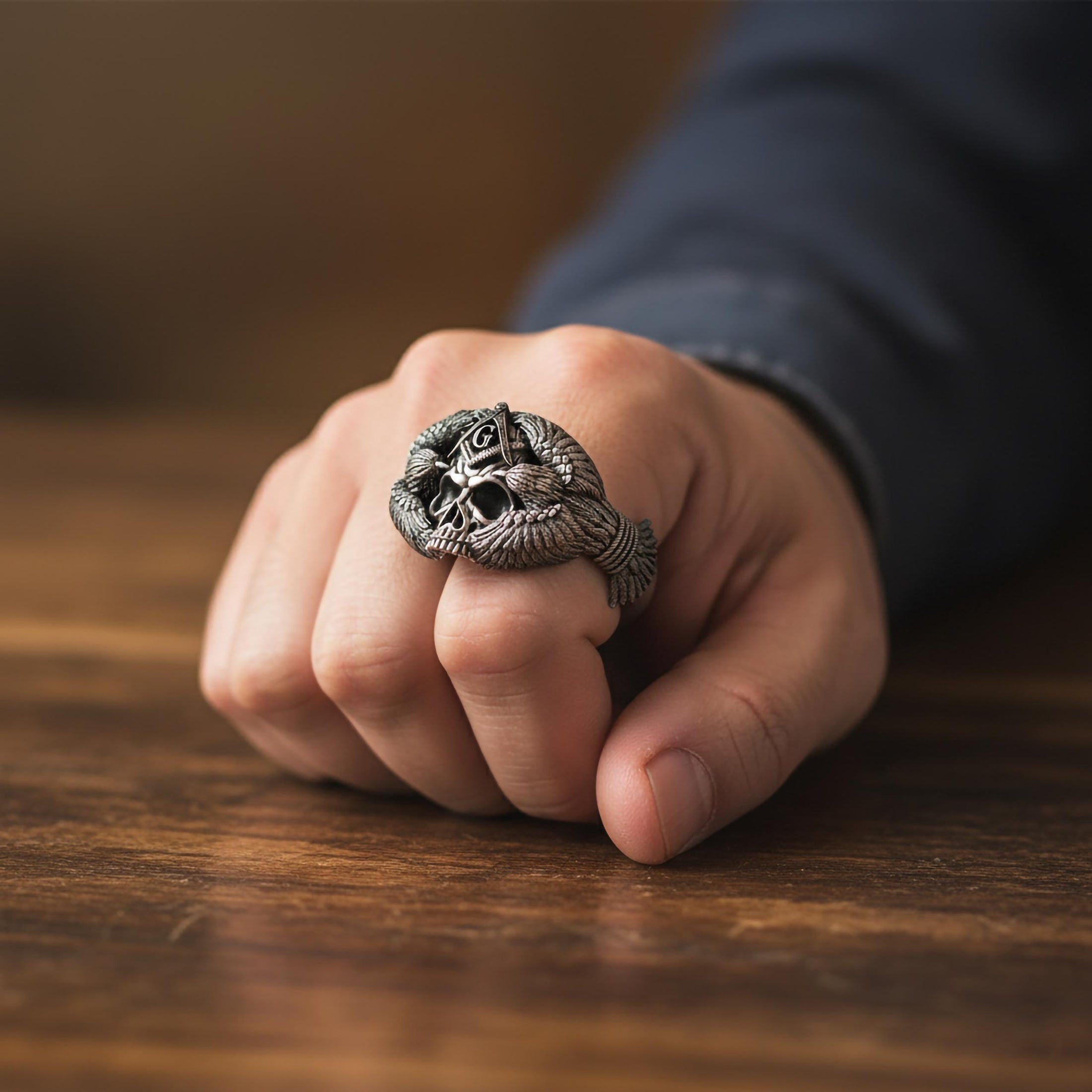 Silver Masonic Skull Ring with Eagles - Freemason Symbolic Jewelry, Bold Skull and Eagle Band, Unique Men's Ring