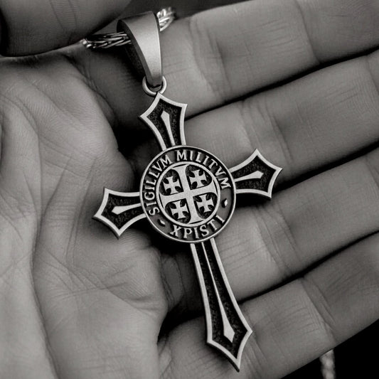 Knights Templar Cross Pendant – Sigillum Militum Xpisti Seal Necklace, Medieval Crusader Symbol in Silver