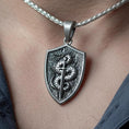 Load image into Gallery viewer, Sword and Serpent Shield Pendant – 925 Silver Medieval Knight Necklace, Protection Amulet for Men