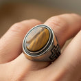 Load image into Gallery viewer, Religious Gemstone Cross Ring – 925 Sterling Silver Men’s Ring with Onyx, Tiger’s Eye, Green Onyx & Red Garnet