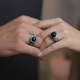Bild in Galerie-Betrachter laden, Black Onyx Ribbed Ring – Lapis Lazuli & Tiger's Eye – 925 Sterling Silver Vintage Men’s Signet, Handcrafted Gothic Jewelry Gift