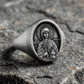 Load image into Gallery viewer, Saint Anastasia Signet Ring – Patron Saint of Healers & Prisoners Gift – Oxidized Silver, Gold Plated