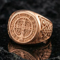 Load image into Gallery viewer, Rose gold plated St Benedict medal ring on volcanic stone, engraved Benedict cross seal, faith protection jewelry gift