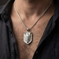 Load image into Gallery viewer, Polished silver oriental demon dragon dog tag necklace worn on chest highlighting warrior myth symbolism