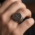 Load image into Gallery viewer, Bronze St Benedict ring worn on finger, Benedict medal seal face, Catholic protection ring for daily wear