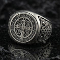 Load image into Gallery viewer, Oxidized sterling silver St Benedict ring on volcanic rock, Benedict medal seal face, Catholic protection symbol signet ring