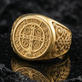 Load image into Gallery viewer, Gold plated St Benedict signet ring on dark volcanic rock, Benedict medal seal with lettering, Catholic spiritual protection ring