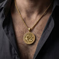 Load image into Gallery viewer, Gold plated yin yang dragon phoenix necklace worn by man as mythological statement pendant