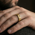 Load image into Gallery viewer, Gold Celtic trinity knot band ring worn as unisex wedding or commitment ring