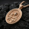 Load image into Gallery viewer, Rose gold plated Saint Joseph Catholic pendant on volcanic rock, premium macro product photo, sharp medallion relief and smooth bezel