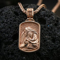 Load image into Gallery viewer, Rose gold plated Christian Mary and Child pendant on volcanic rock, premium macro product photo, sharp relief and smooth bezel edge