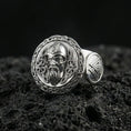 Load image into Gallery viewer, Odin the All-Father ring in polished silver finish on volcanic rock, Norse mythology signet with braided knotwork detail, close-up photo