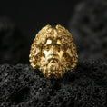 Load image into Gallery viewer, Gold plated Zeus signet ring featuring classical Greek god portrait and deep relief details, premium studio macro on black volcanic rock surface