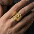 Load image into Gallery viewer, Gold plated Chinese dragon shield signet ring worn on finger, statement Asian dragon jewelry symbolizing strength and luck, premium lifestyle close-up