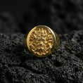 Load image into Gallery viewer, Gold plated samurai warrior signet ring on black volcanic stone, Japanese warrior mask ring, bold engraved fantasy jewelry