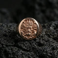 Load image into Gallery viewer, Rose gold plated samurai warrior signet ring on black volcanic stone, ornate samurai mask engraving, high-detail statement ring