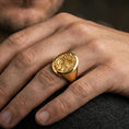 Load image into Gallery viewer, Gold plated Chinese dragon signet ring on a human finger, imperial dragon symbol, lunar new year gift ring