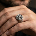 Load image into Gallery viewer, Oxidized sterling silver wolf and dragon ring worn on a human finger, fantasy creature jewelry, bold masculine design