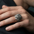Load image into Gallery viewer, Oxidized sterling silver Medusa head ring worn on a human finger, snake hair gorgon design, Greek mythology statement ring