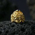 Load image into Gallery viewer, Gold plated Medusa gorgon head ring on black volcanic stone, snake hair relief signet, Greek goddess jewelry