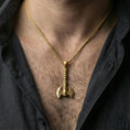 Load image into Gallery viewer, Gold plated Viking labrys axe necklace pendant worn on a human neck, double-headed axe charm, braided chain