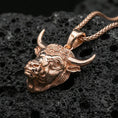 Load image into Gallery viewer, Rose gold plated bull head necklace pendant on black volcanic stone, Taurus zodiac horned buffalo charm, braided chain