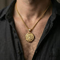 Load image into Gallery viewer, Gold plated Saint Gabriel pendant necklace worn on neck, premium lifestyle composition, angel messenger design with cross element