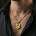 Load image into Gallery viewer, Gold plated Mortal Kombat dragon pendant necklace worn on neck, bold fantasy gamer medallion centered on chest, premium lifestyle framing