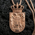Load image into Gallery viewer, Rose gold plated Serbia coat of arms pendant on volcanic rock, Balkan heritage crest necklace with eagle shield motif
