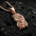 Load image into Gallery viewer, Rose gold plated Fortuna pendant necklace on volcanic stone, Roman goddess of luck charm, crisp macro product shot