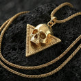 Load image into Gallery viewer, Gold plated Absolute’s talisman skull pendant on dark volcanic rock, Baldur’s Gate 3 fan necklace, sharp macro detail