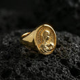 Load image into Gallery viewer, Gold plated Virgin Mary signet ring on dark volcanic rock, oval medallion face, premium macro detail